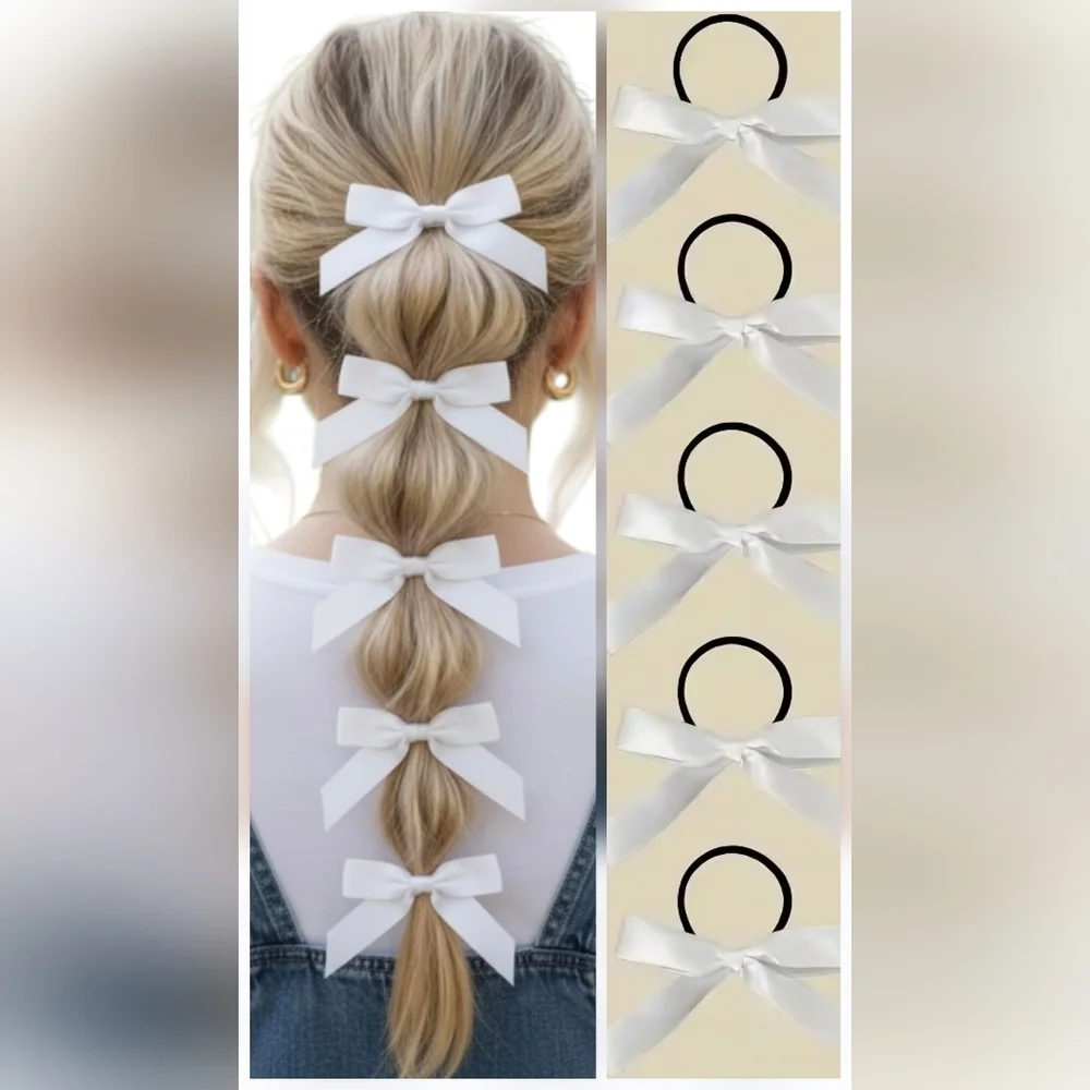Elegant White Satin Hair Ponytail Bow • 5 Piece Set • New
